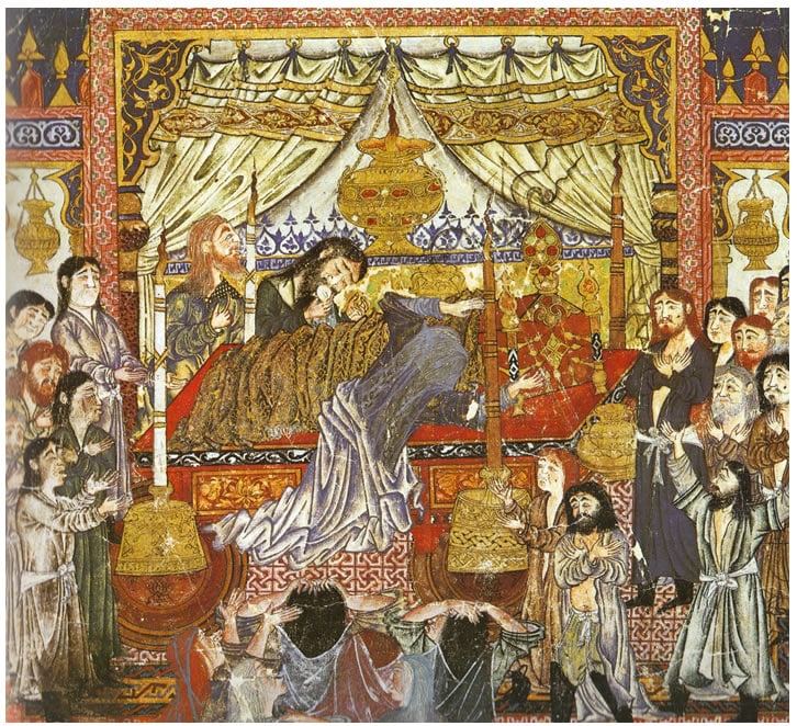 Depiction of Mongol period Rug beneath the Bier of Alexander, from the Firdausi Shahnameh, Bagdad, 1330-1336, Freer Gallery of Art, Washington D.C., (from V. Gantzhorn, Oriental Carpets, ill. 227)