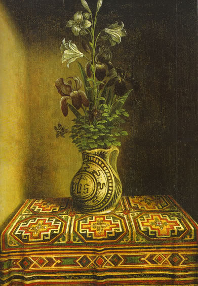 Depiction of a ‘Memling Gul’ rug in a still-life with a flower vase by Hans Memling, before 1494 Memling.jpg (from V. Gantzhorn, Oriental Carpets, ill. 448).