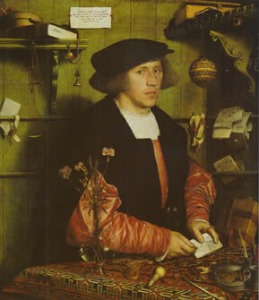 Depiction of a “Small Pattern Holbein” rug in a portrait of Georg Gisze by Hans Holbein the Younger, 1532 Gallery of Paintings, Berlin (from V. Gantzhorn, Oriental Carpets, ill. 14).