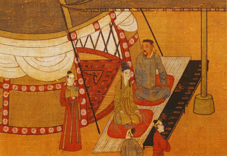 Depiction of a rug in a13th century Mongol encampment, from Scroll of Lady Wen Chi, Metropolitan Museum of Art, New York (from V. Gantzhorn, Oriental Carpets, ill. 214).