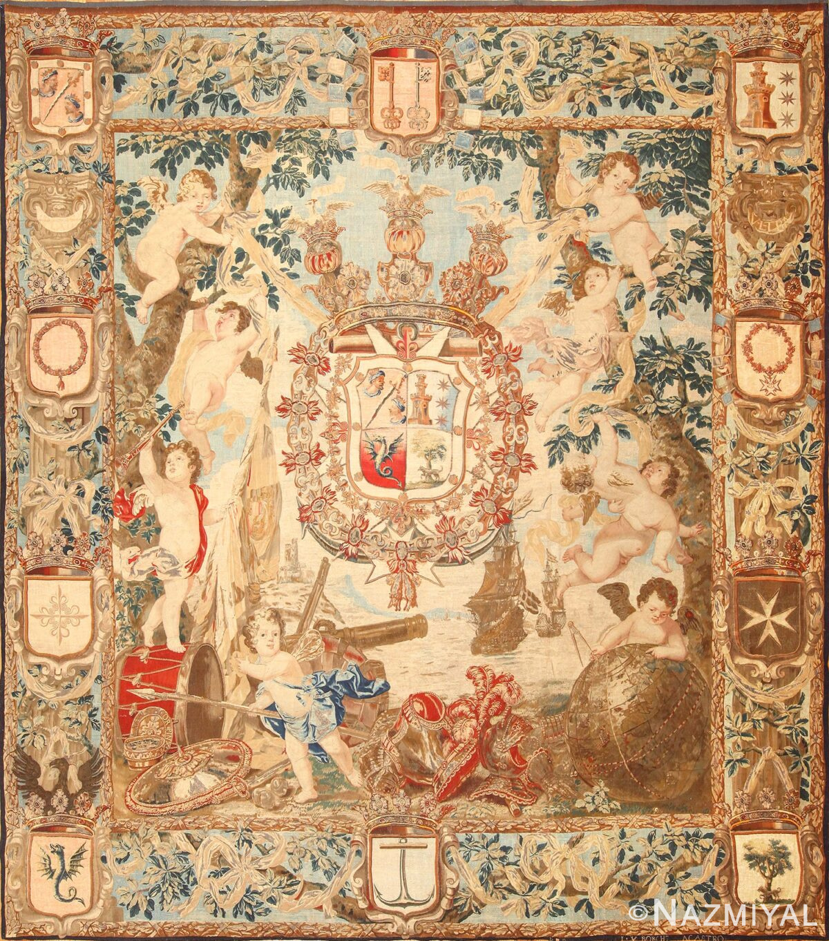 antique flemish heraldic tapestry of a spanish noble admiral 2399 Nazmiyal