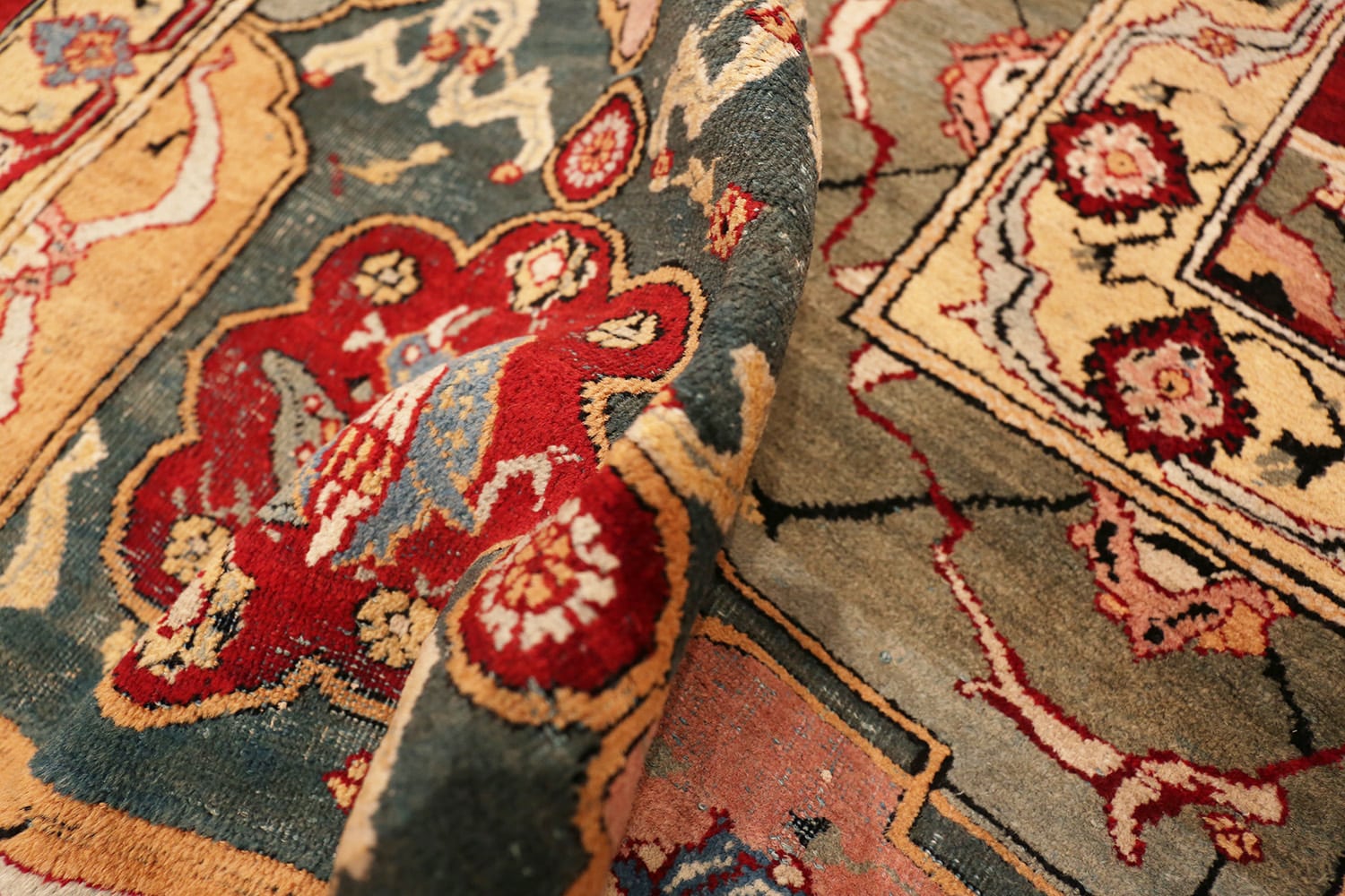 India Rug Red Large Red & Green Antique India Agra Rug 41269 Nazmiyal Rugs