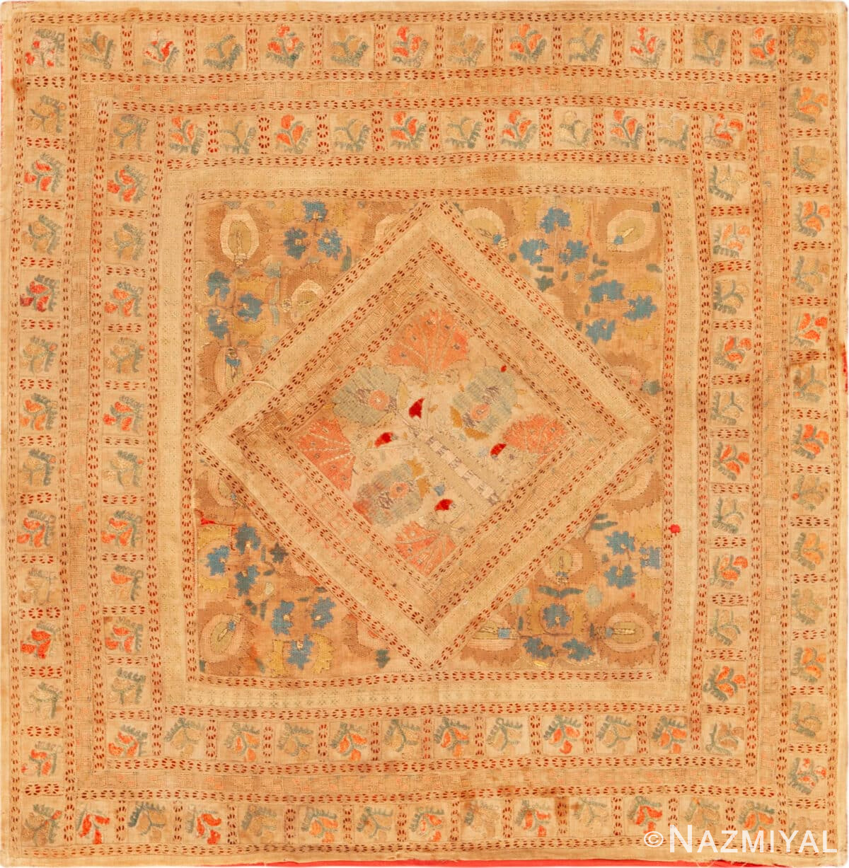 Small Size Square Shape Antique Polonaise Influenced Design English Needlepoint Rug 43258 by Nazmiyal Antique Rugs