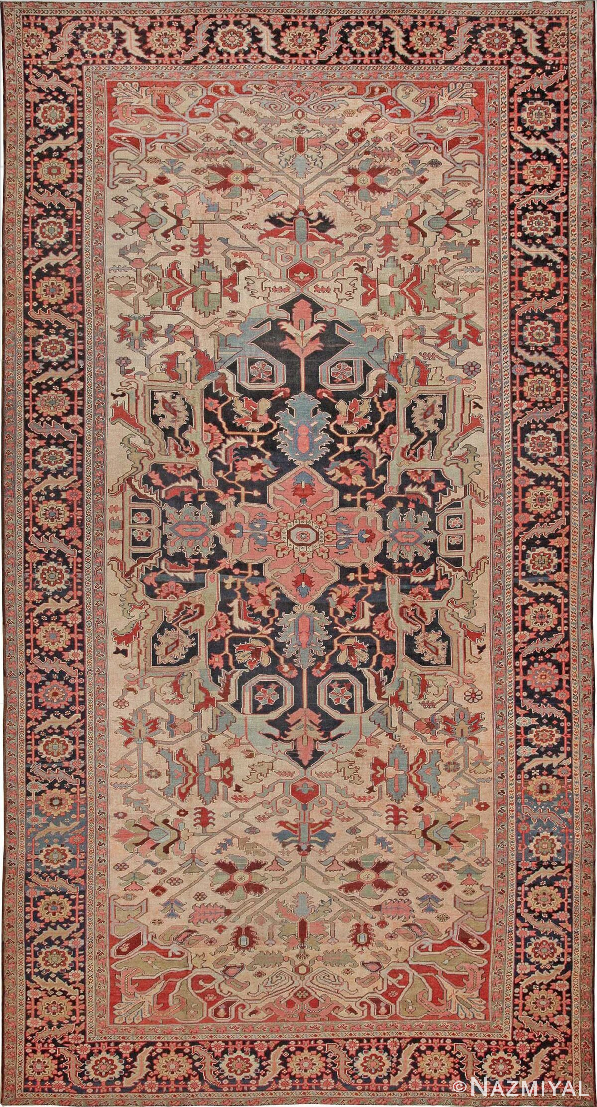 Oversize Ivory Antique Persian Heriz Serapi Area Rug 44085 by Nazmiyal Antique Rugs