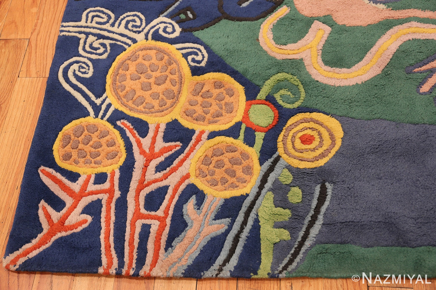 Left corner vintage Swedish rug designed by Corneille 45797 Nazmiyal collection
