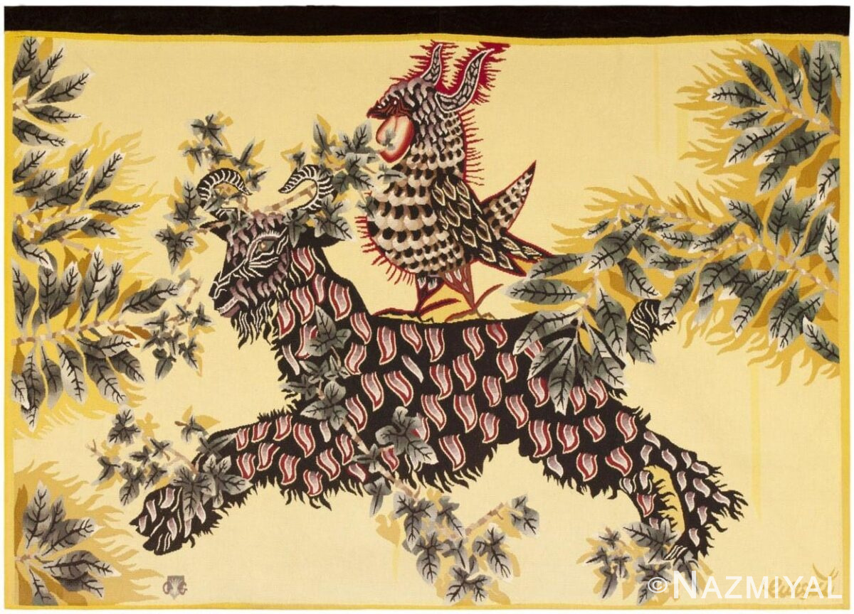 Picture of a yellow ground Vintage Jean Lurcat Tapestry #46224 from Nazmiyal Antique Rugs in NYC