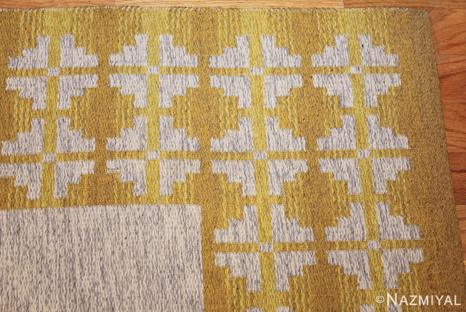 vintage swedish double sided kilim 46208 yellow corner Nazmiyal