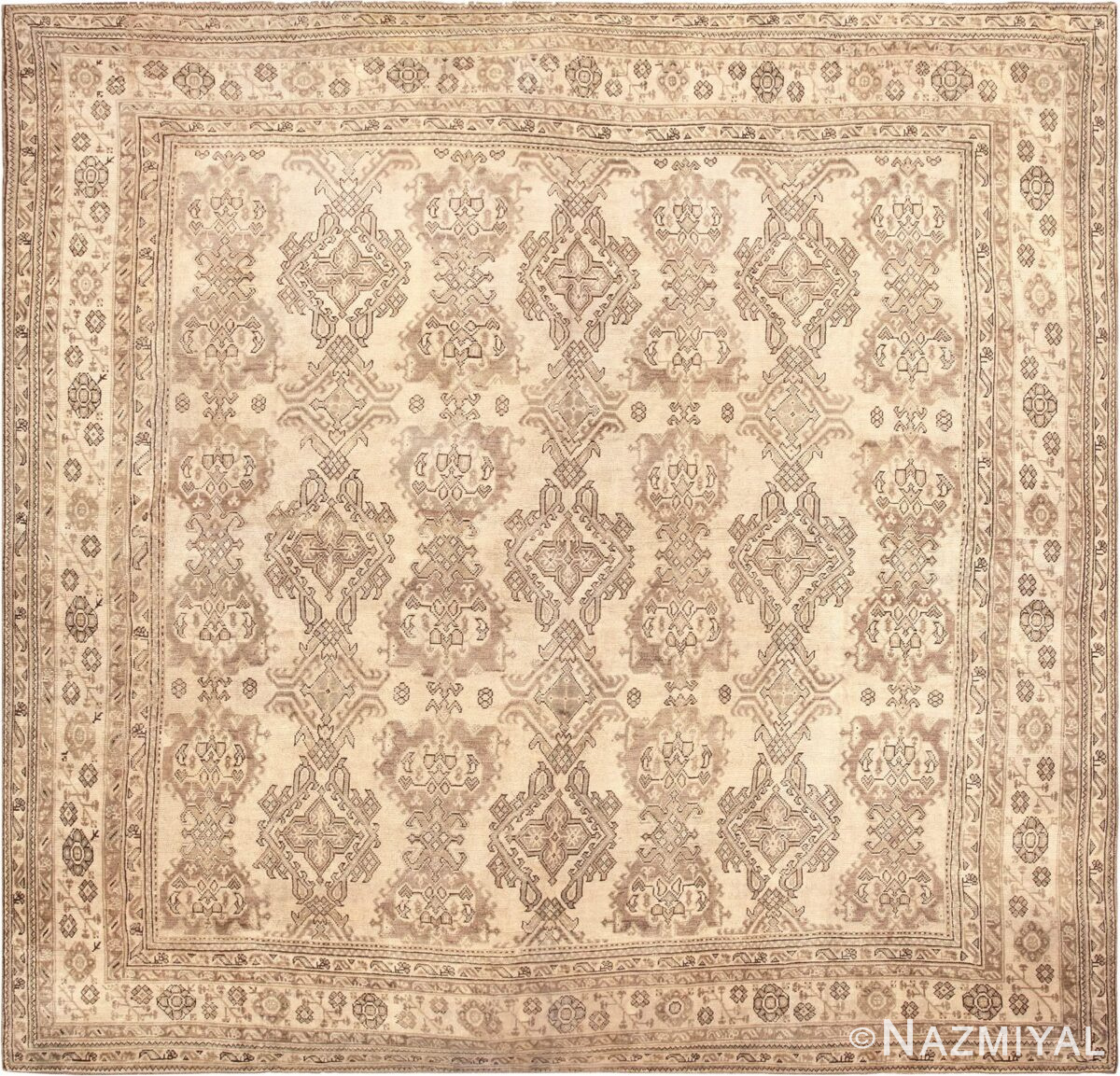 Neutral Large Square Antique Turkish Oushak Area Rug #45112 by Nazmiyal Antique Rugs