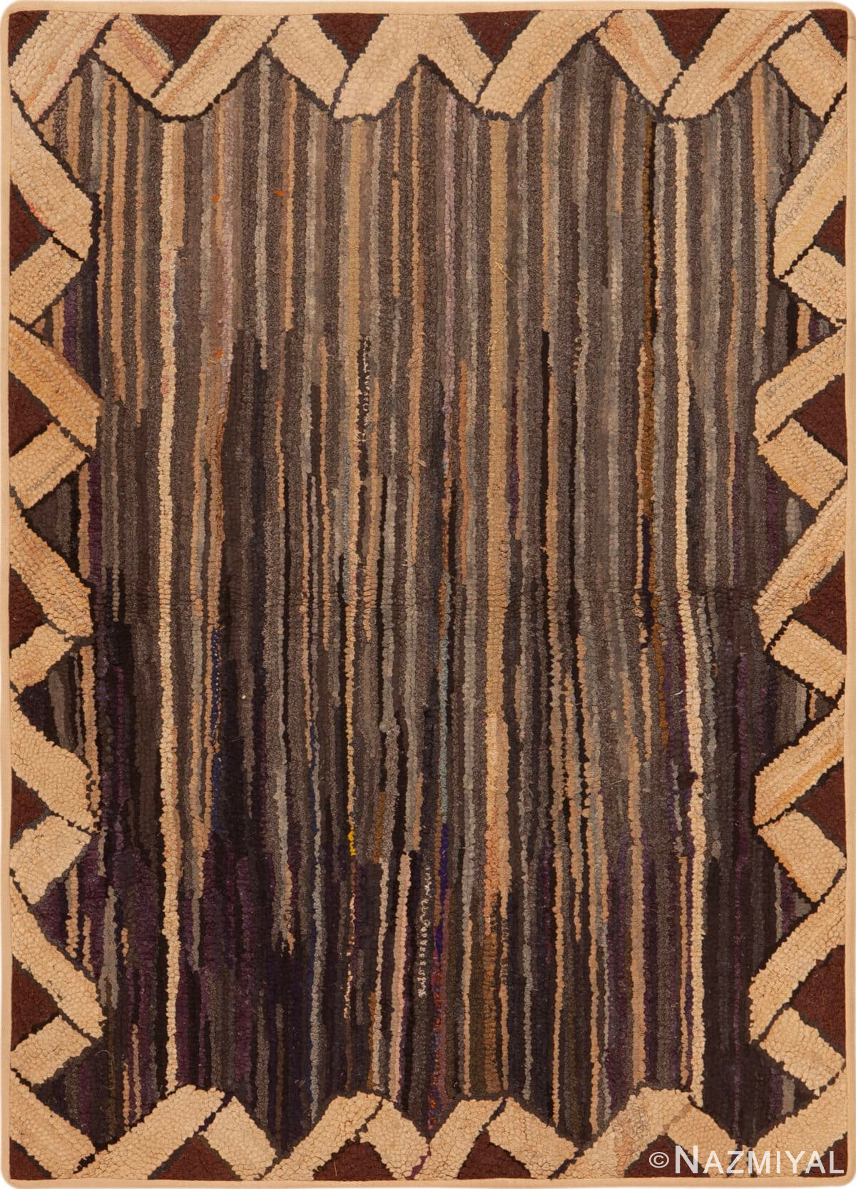 Antique Folk Art Wattle-Weave Design Border American Hooked Rug 46524 by Nazmiyal Antique Rugs