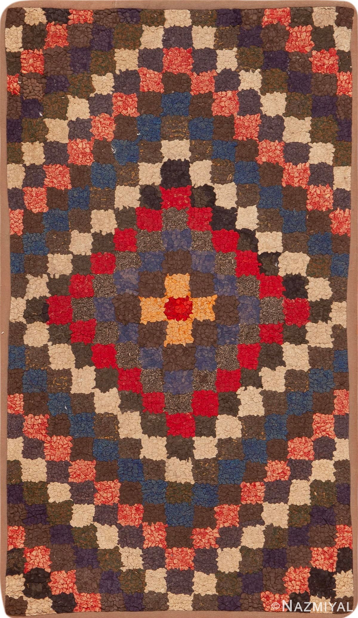 Small Scatter Size Bold Geometric Pattern Antique American Hooked Rug 46525 by Nazmiyal Antique Rugs