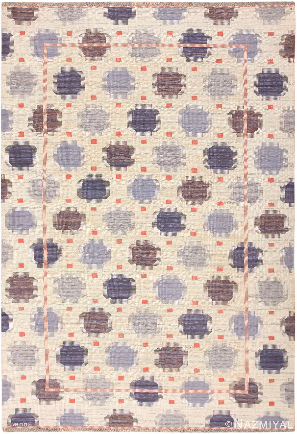 Vintage Swedish Flat Woven Kilim by Marta Maas Fjetterstrom 46846 Nazmiyal