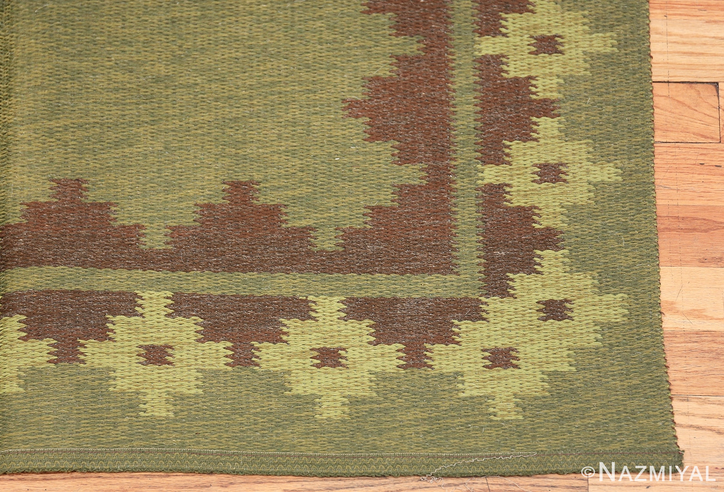 Vintage Scandinavian Swedish Rug 47005 Dark Green Corner Nazmiyal