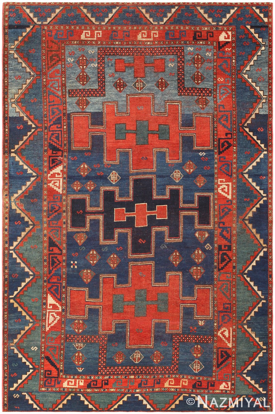 Blue on Blue Antique Kazak Caucasian Rug 47041 Nazmiyal Antique Rugs
