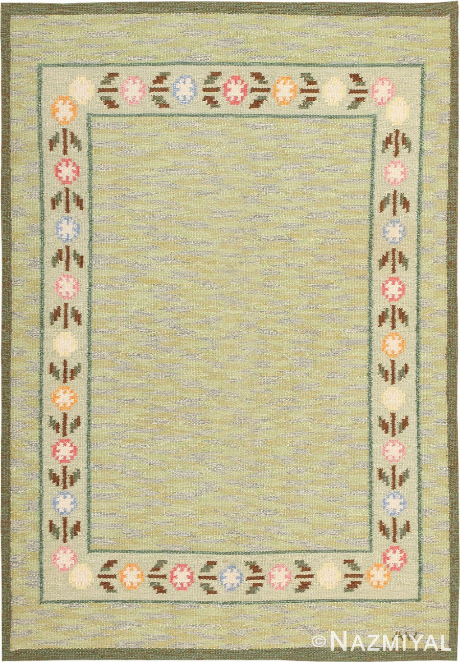 Flat Woven Green Vintage Swedish Kilim Rug #47301 by Nazmiyal Antique Rugs