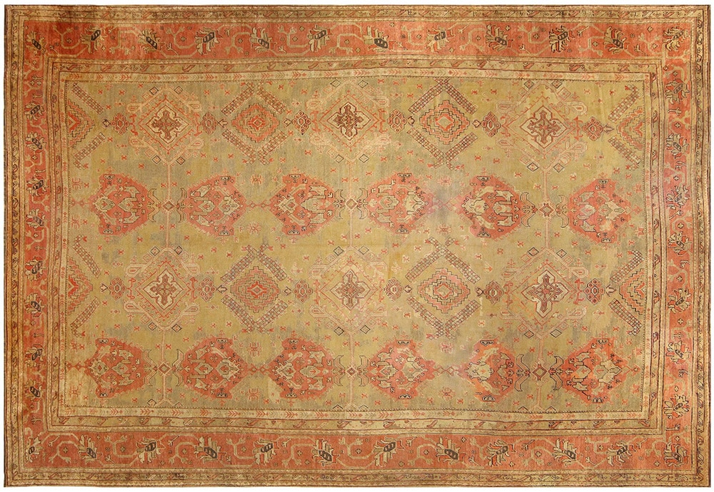 Large Antique Oushak Rug Yellow Oval Room features an Oushak similar to this, with rich gold and deep rusted greens by Nazmiyal Antique Rugs