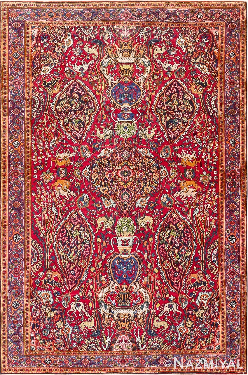 Antique Persian Khorassan Carpet with Animal Hunting Scene Design 47492 Nazmiyal