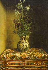 Early Rugs Depiction of a 'Memling Gul' rug in a still-life with a flower vase by Hans Memling, before 1494 (from V. Gantzhorn,Oriental Carpets, ill. 448). Early Rugs Depiction of a 'Memling Gul' rug in a still-life with a flower vase by Hans Memling, before 1494 (from V. Gantzhorn,Oriental Carpets, ill. 448).Early Rugs Depiction of a 'Memling Gul' rug in a still-life with a flower vase by Hans Memling, before 1494 (from V. Gantzhorn,Oriental Carpets, ill. 448).