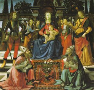 Early Rugs Depiction of the enthroned Madonna with a 'Ghirlandaio carpet' beneath her feet, Domenico Ghirlandaio, mid 15th century, Uffizi Gallery, Florence (from V. Gantzhorn, Oriental Carpets, ill. 482). Early Rugs Depiction of the enthroned Madonna with a 'Ghirlandaio carpet' beneath her feet, Domenico Ghirlandaio, mid 15th century, Uffizi Gallery, Florence (from V. Gantzhorn, Oriental Carpets, ill. 482).