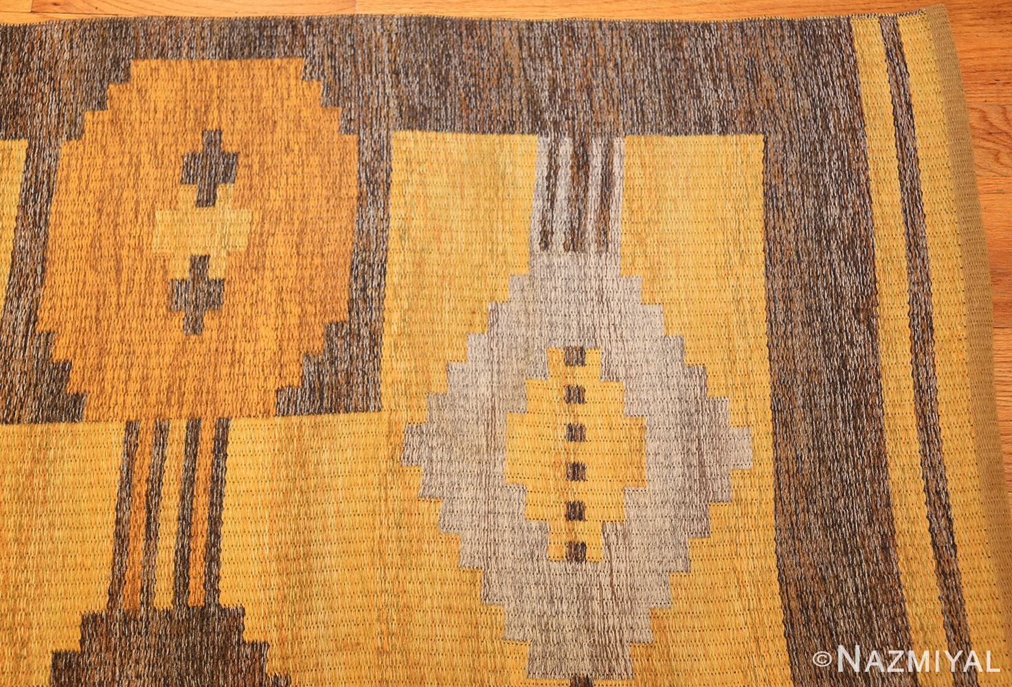 vintage double sided swedish kilim rug 48282 yellow corner Nazmiyal
