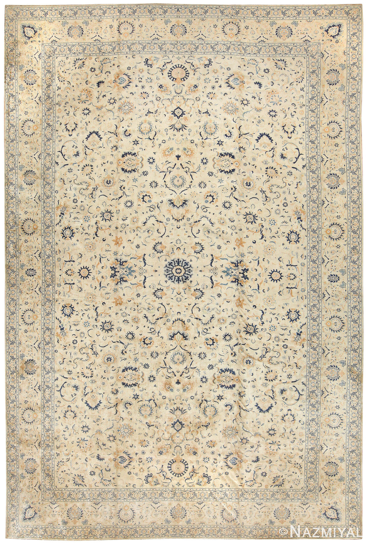 Oversized Ivory And Blue Antique Persian Kashan Rug #50115 by Nazmiyal Antique Rugs