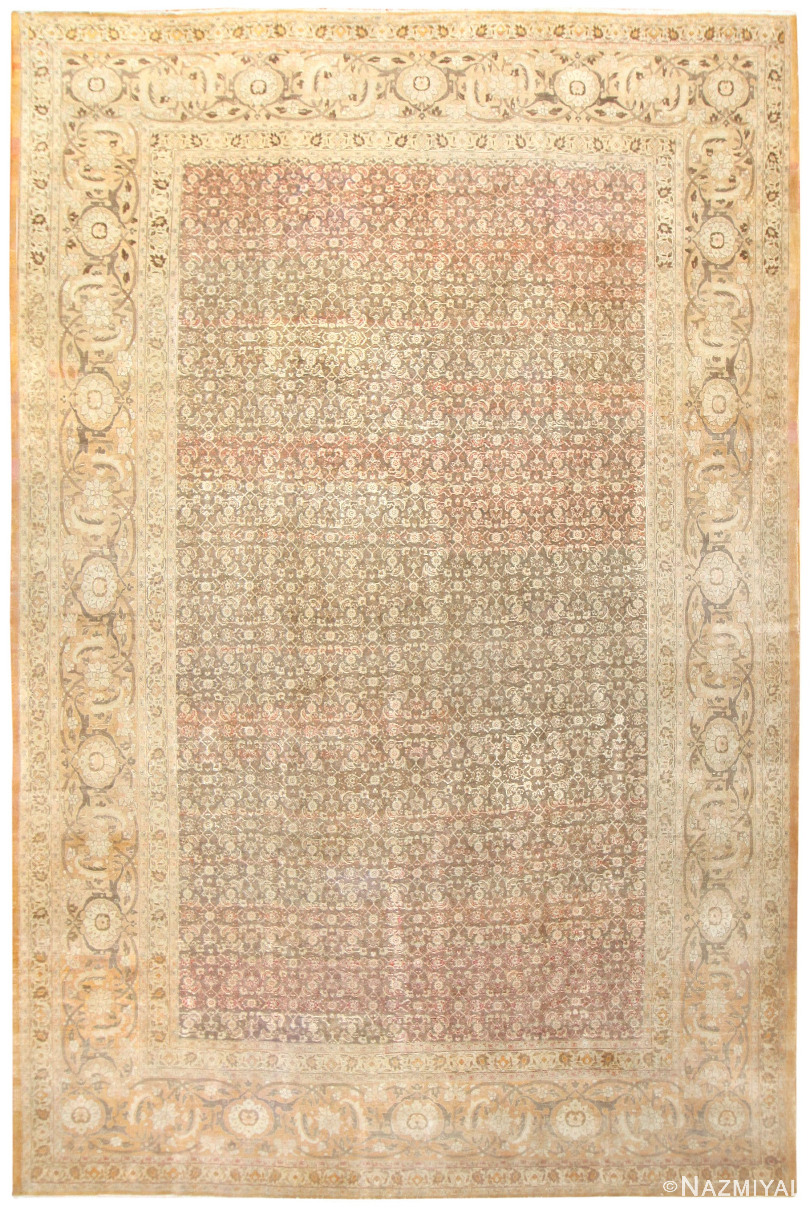 Soft Warm Color Large Antique Persian Tabriz Area Rug #50058 by Nazmiyal Antique Rugs