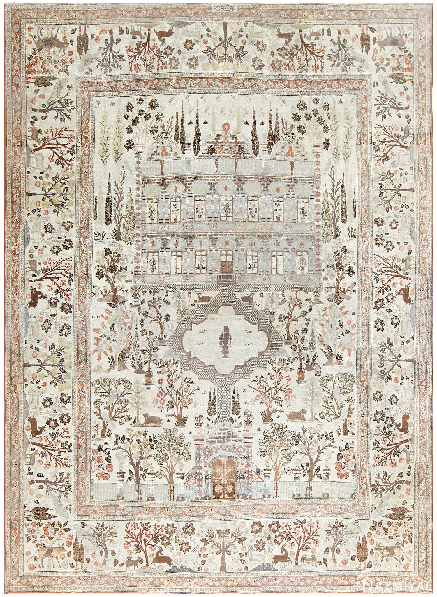 Antique Persian Palace Scene Tabriz Rug 50074 Detail/Large View