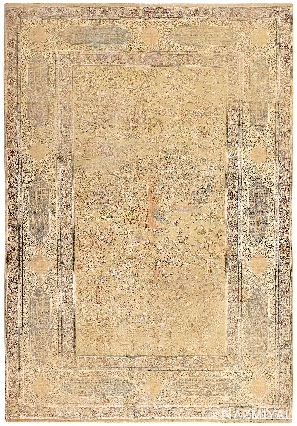 Antique Silk Garden of Paradise Persian Keysari Rug Detail/Large View