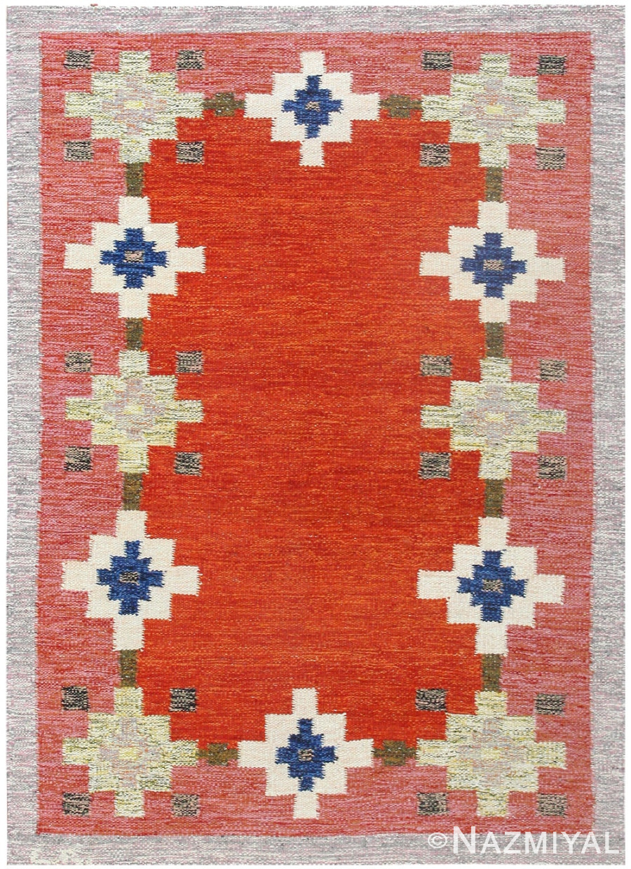 Red Vintage Swedish Kilim 48543 Nazmiyal Antique Rugs