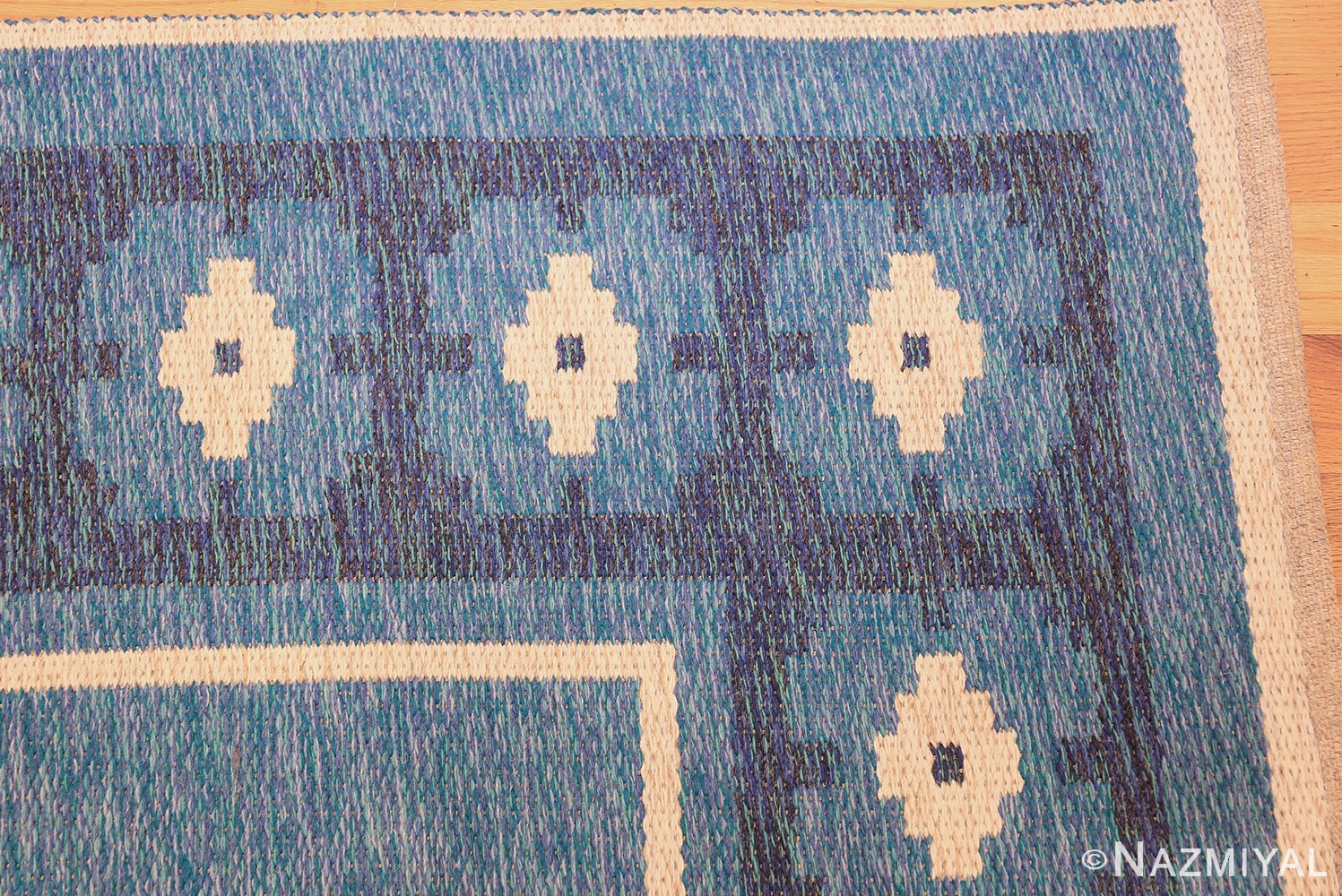 double sided blue vintage swedish kilim 48561 corner Nazmiyal