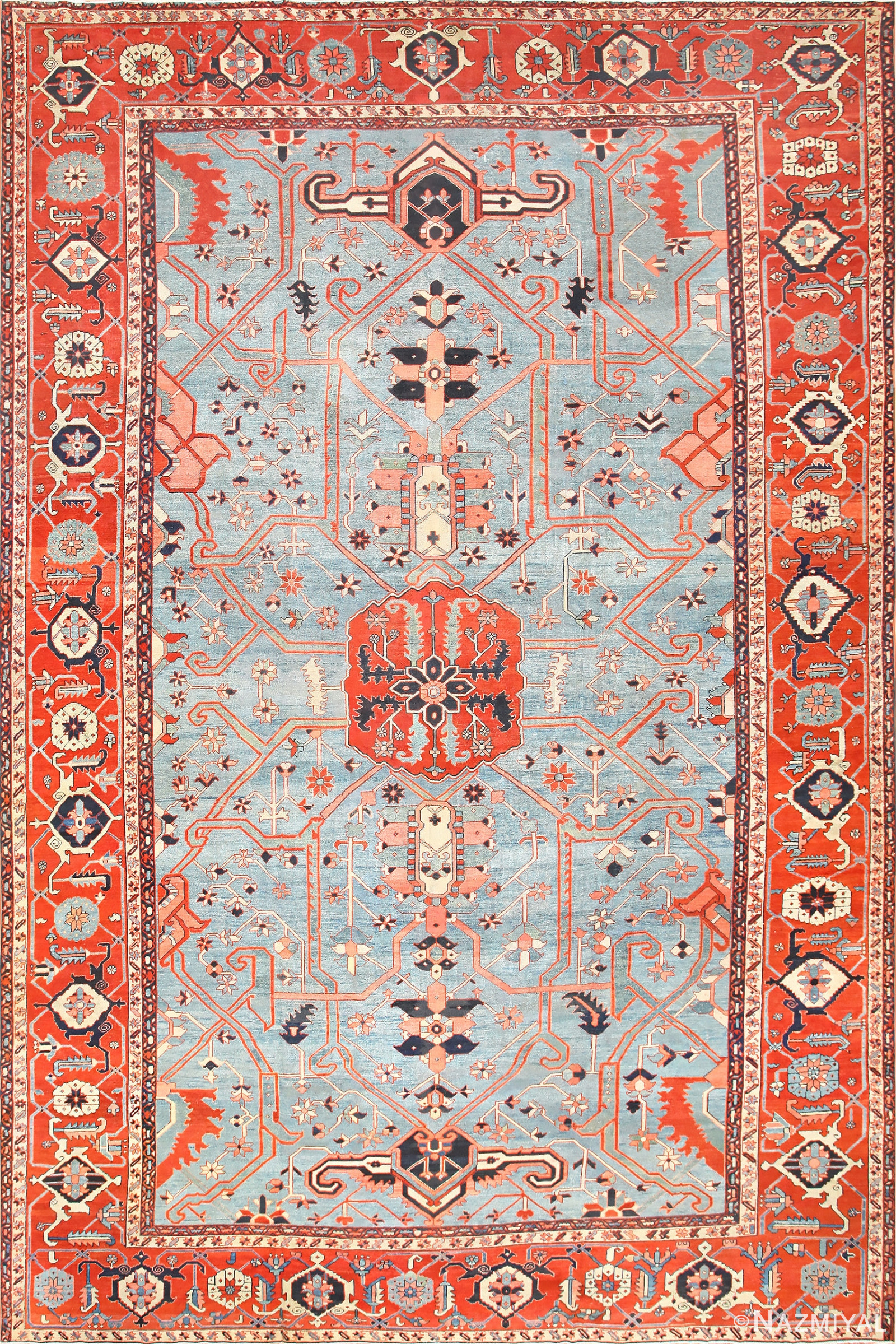 Large Light Blue Antique Persian Heriz Serapi Rug 48643 Detail/Large View