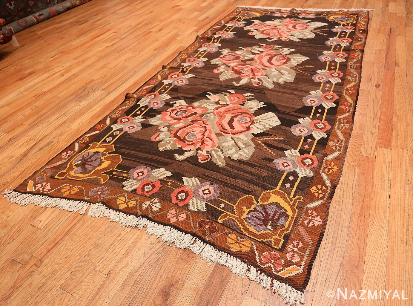 Brown Floral Vintage Turkish Kilim Rug 50476 Nazmiyal Antique Rugs