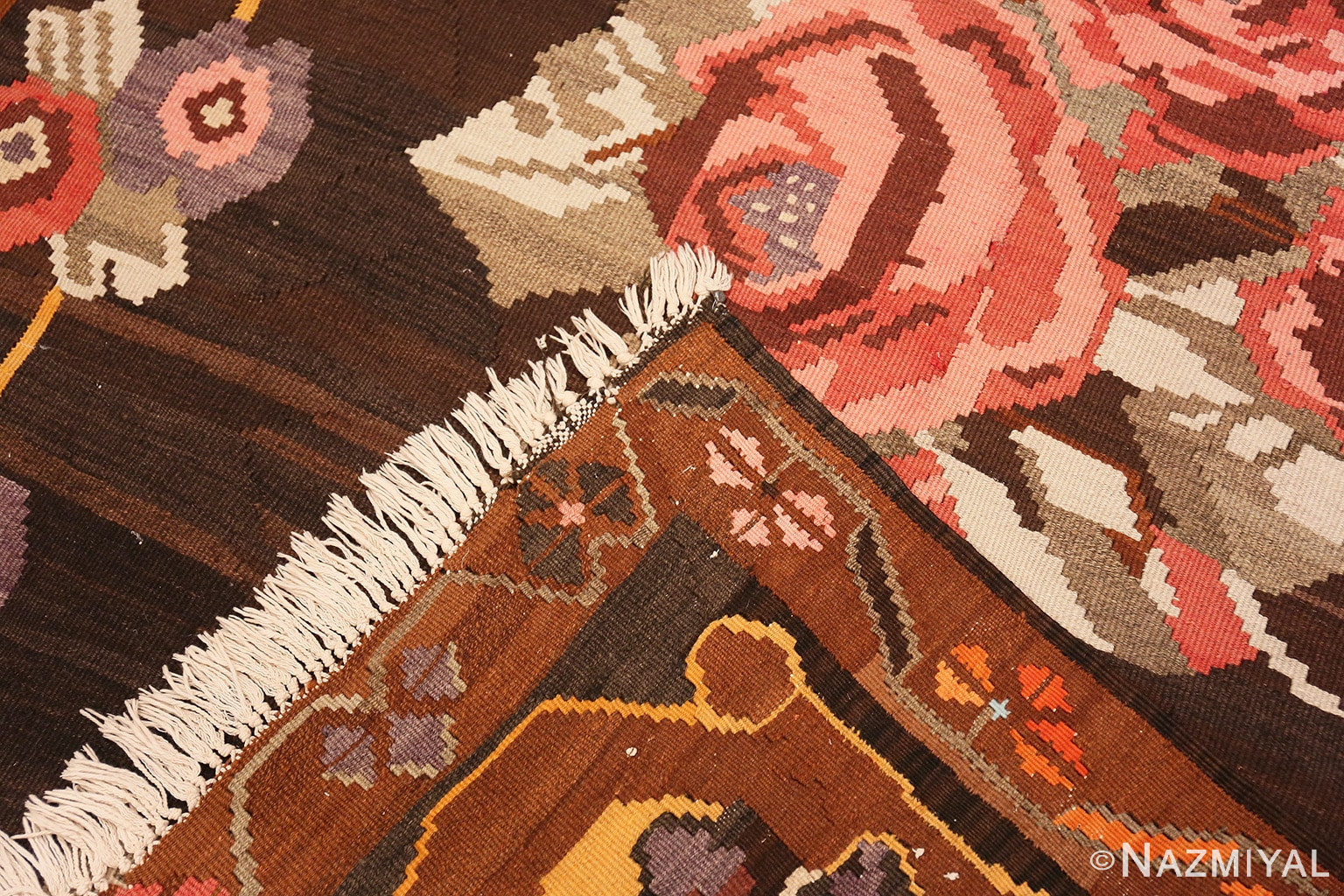 Brown Floral Vintage Turkish Kilim Rug 50476 Nazmiyal Antique Rugs