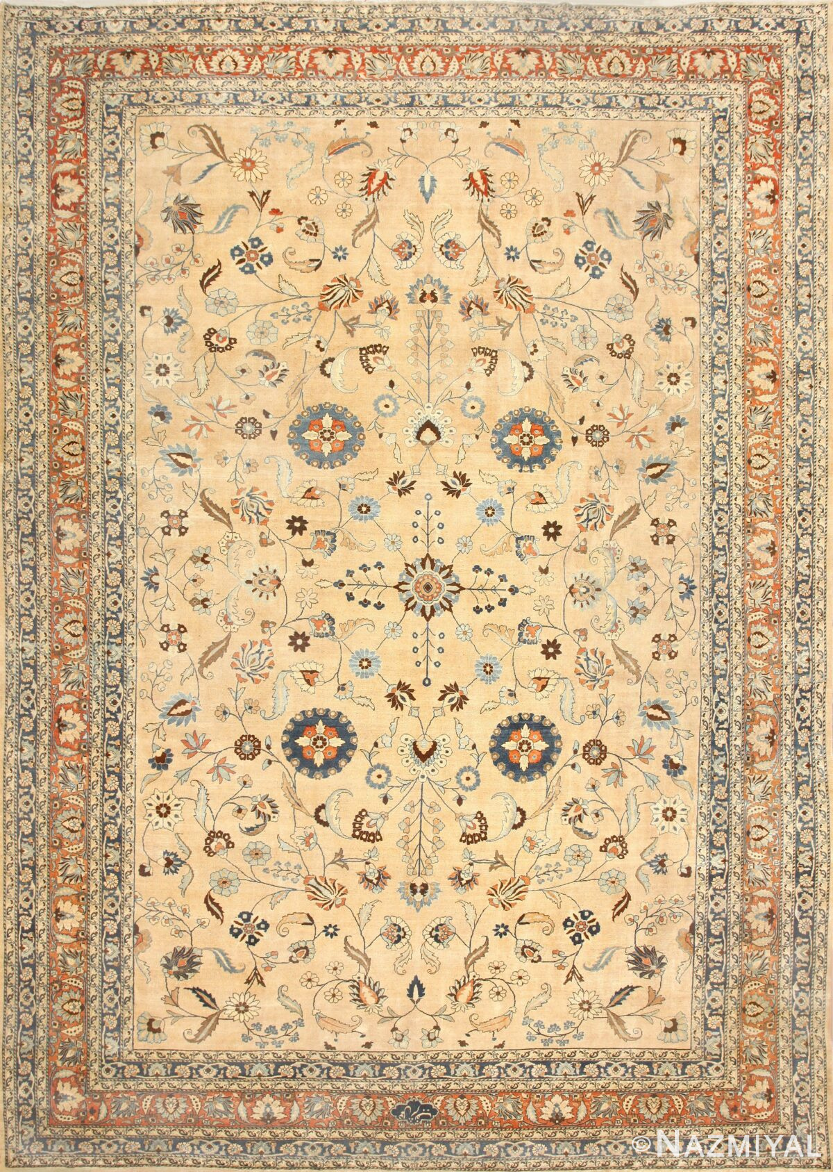 Large Cream Background Antique Persian Khorassan Area Carpet #48386 by Nazmiyal Antique Rugs