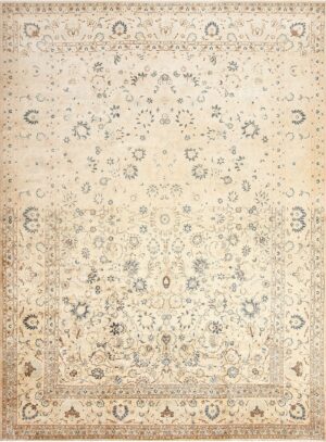 Decorative Ivory and Blue Vintage Persian Kashan Rug 50623 Nazmiyal