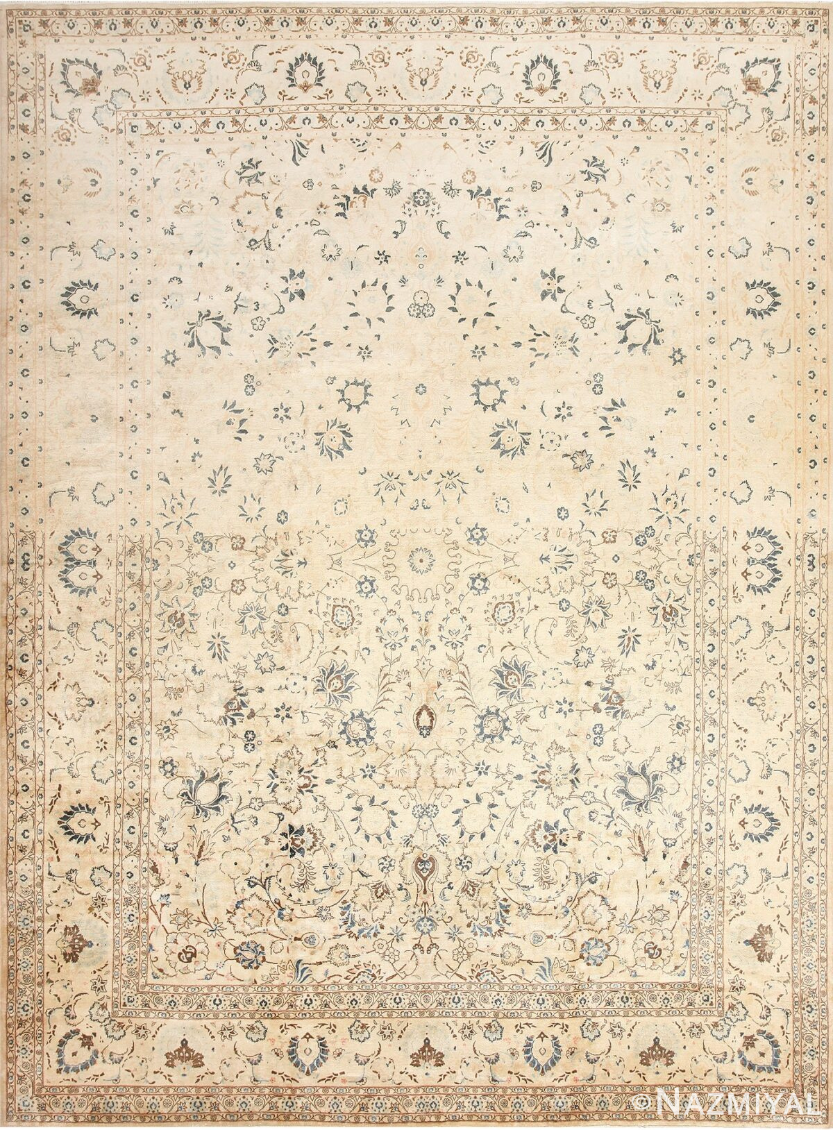 Decorative Ivory and Blue Vintage Persian Kashan Rug 50623 Nazmiyal