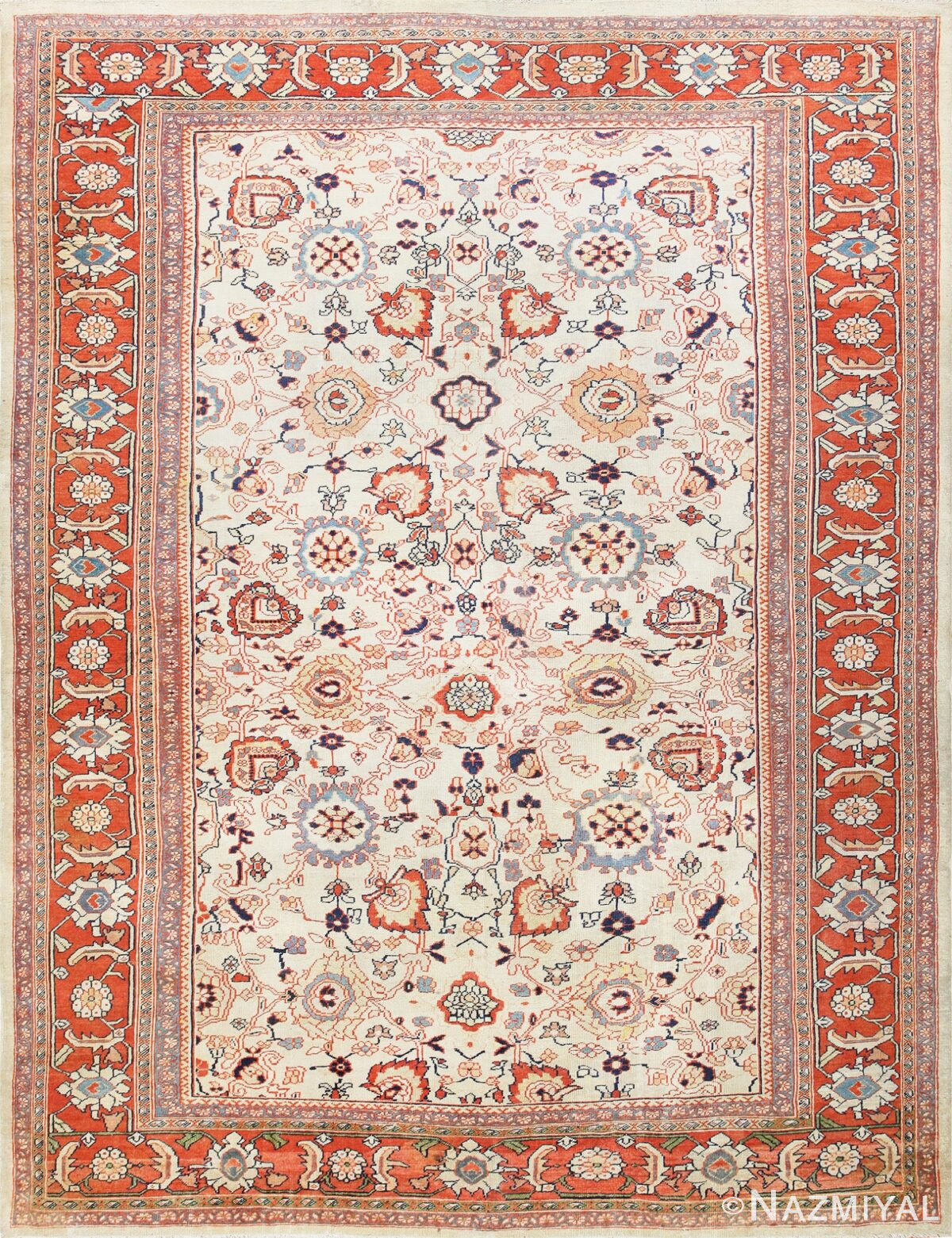Ivory Background Room Size Persian Antique Sultanabad Rug 50676 Nazmiyal