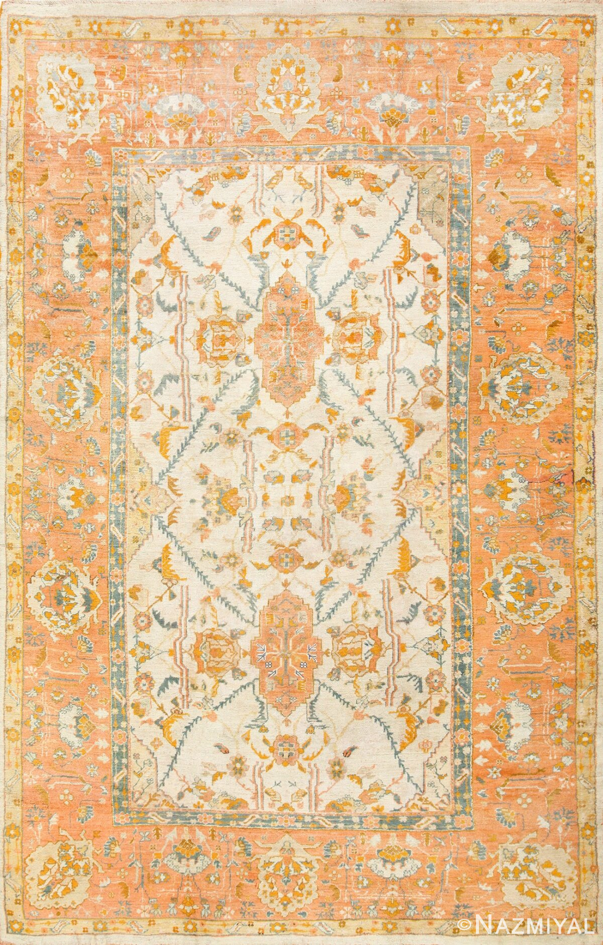 Large Ivory Background Turkish Antique Oushak Rug 50666 Nazmiyal