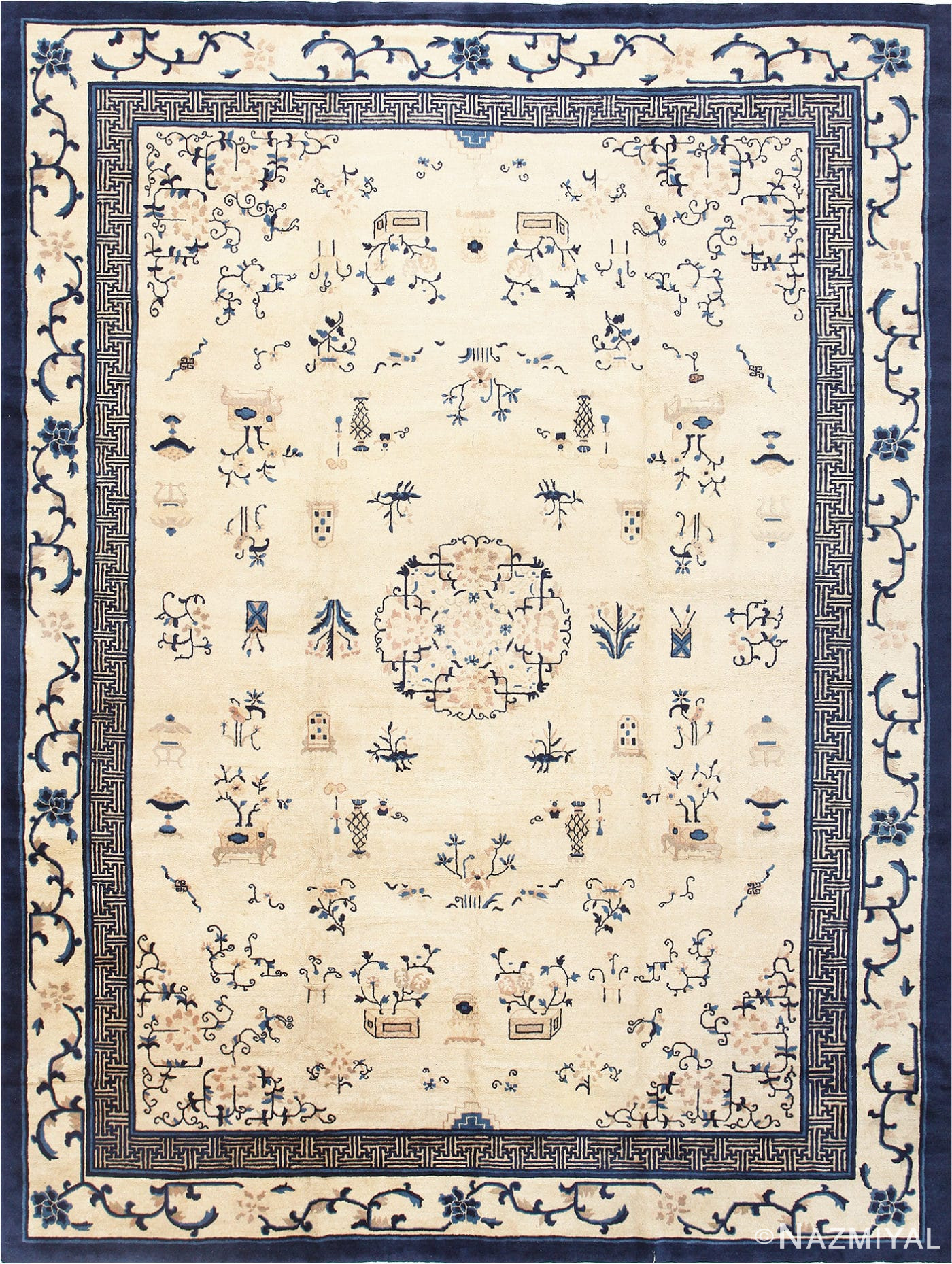 Antique Room Size Ivory and Blue Chinese Rug 48810 Detail/Large View