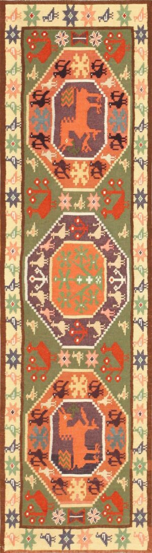 Green Background Vintage Swedish Scandinavian Runner Rug 48899 Nazmiyal