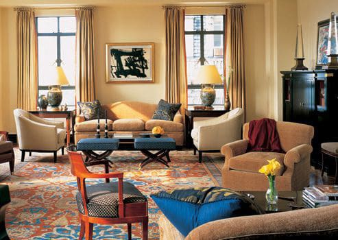 NYC Den Decorated With An Antique Persian Sultanabad Rug NYC Interior Design by Jed Johnson and Associates by Nazmiyal