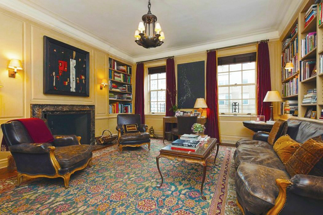 NYC Library With Antique Indian Agra Rug Library With Antique Indian Agra Rug Interior Design By Jed Johnson and Associates by nazmiyal