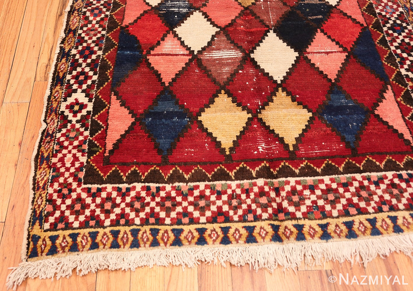 Corner Diamond Shabby Chic Vintage Persian Gabbeh rug 48974 by Nazmiyal