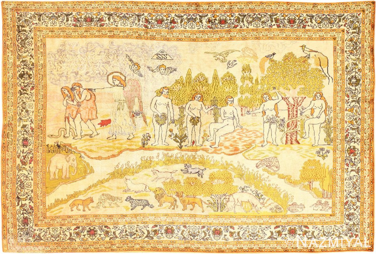 Picture of the Fine Biblical Adam and Eve Scene Turkish Pictorial Antique Silk Rug #48890 from Nazmiyal Antique Rugs in NYC