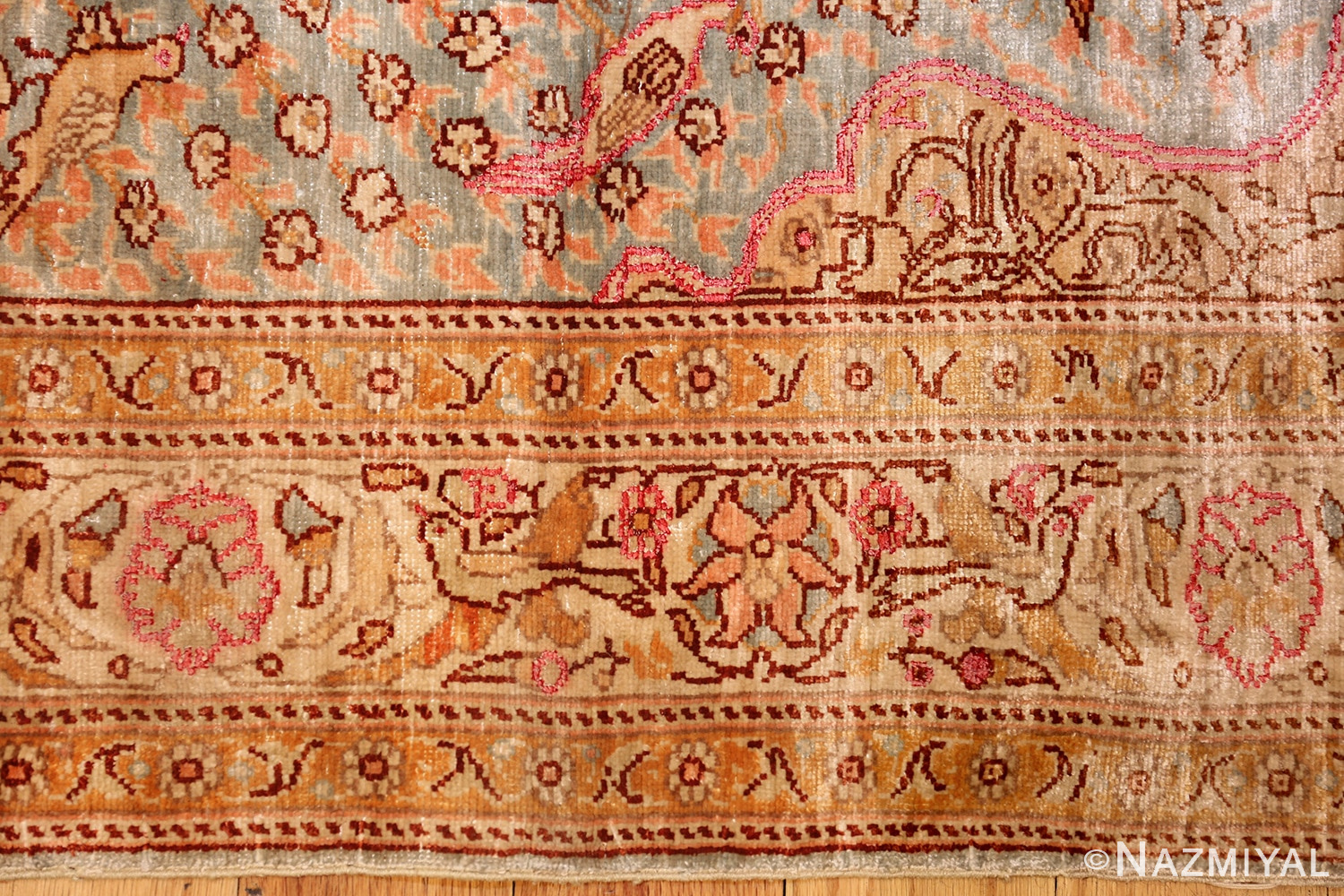 fine small size vintage silk turkish hereke prayer rug 50703 border Nazmiyal