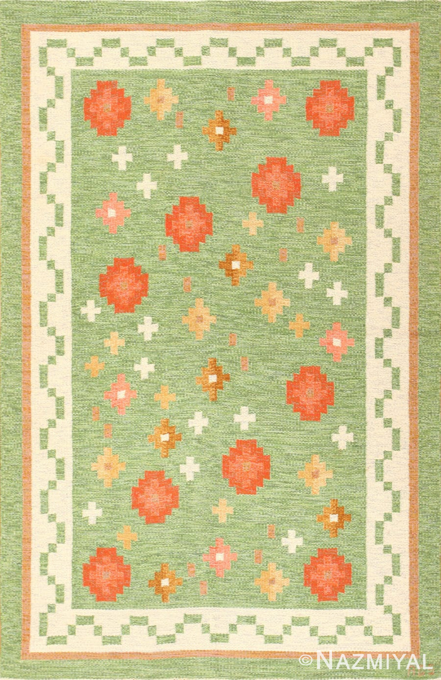 Vintage Flat Woven Green Swedish Scandinavian Kilim Rug 48990 Nazmiyal