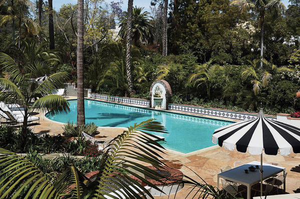 Large 72-foot long pool deck surrounded by lush palm trees. shane-smith-pool