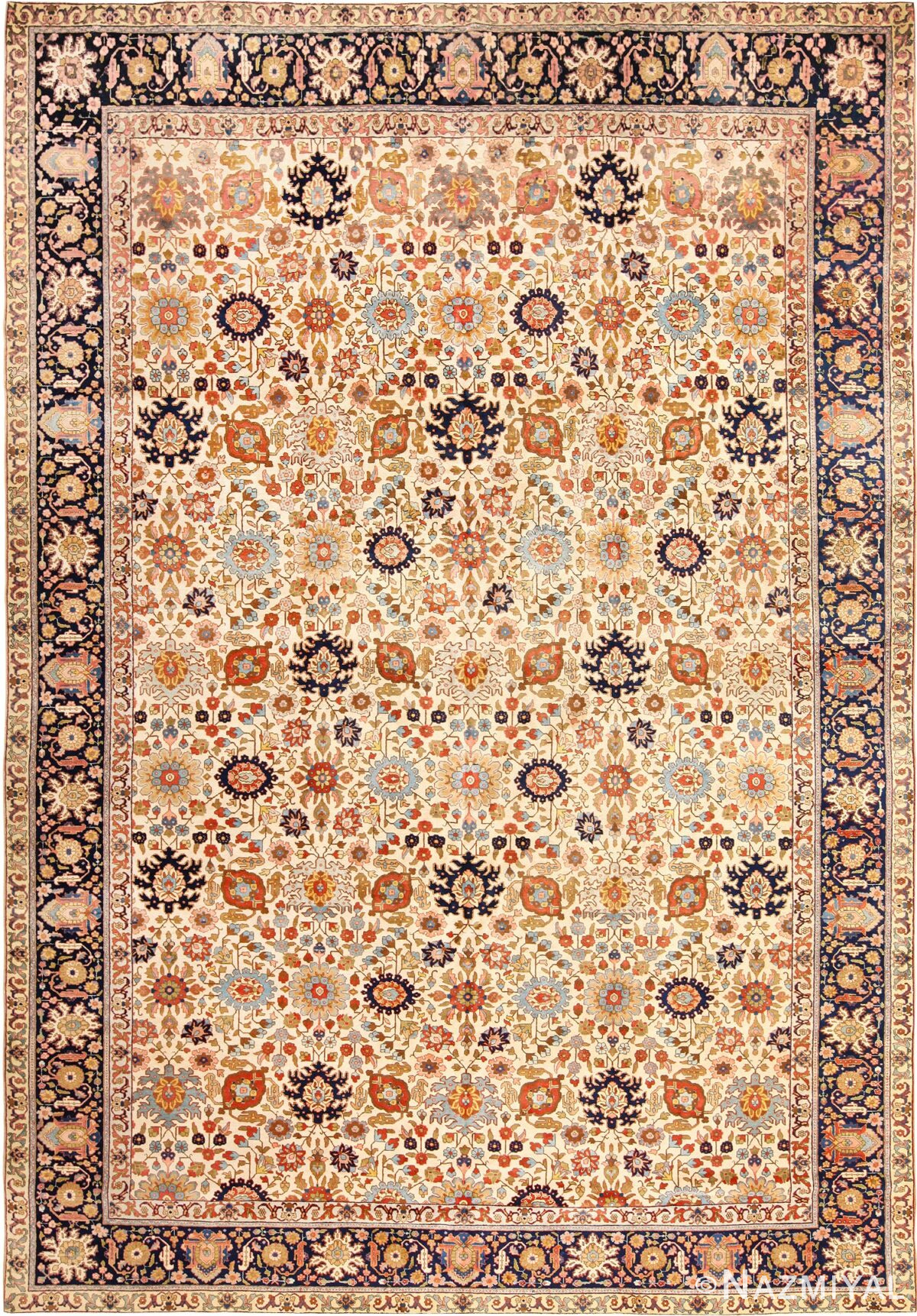 Fine Antique Ivory Background Persian Tabriz Rug 49191 by Nazmiyal