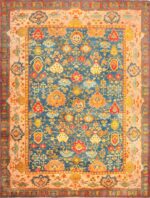 Large Blue Background Antique Turkish Oushak Rug #49108 by Nazmiyal Antique Rugs