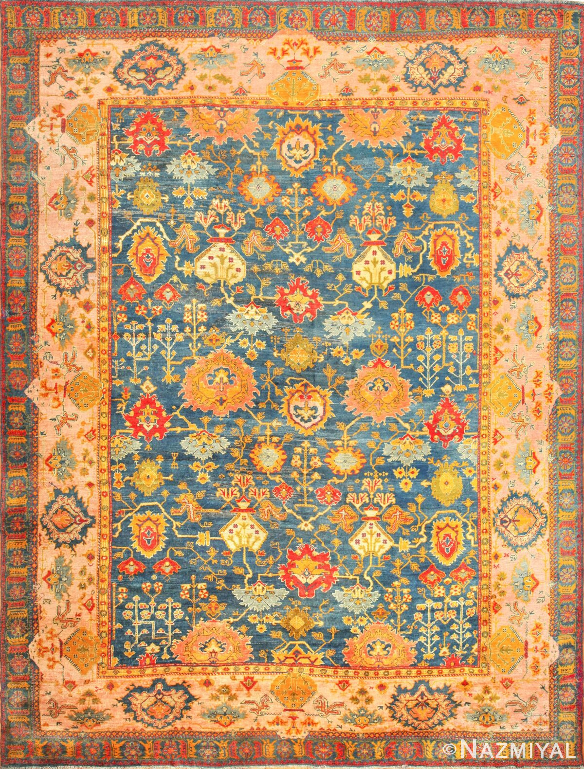 Large Blue Background Antique Turkish Oushak Rug #49108 by Nazmiyal Antique Rugs