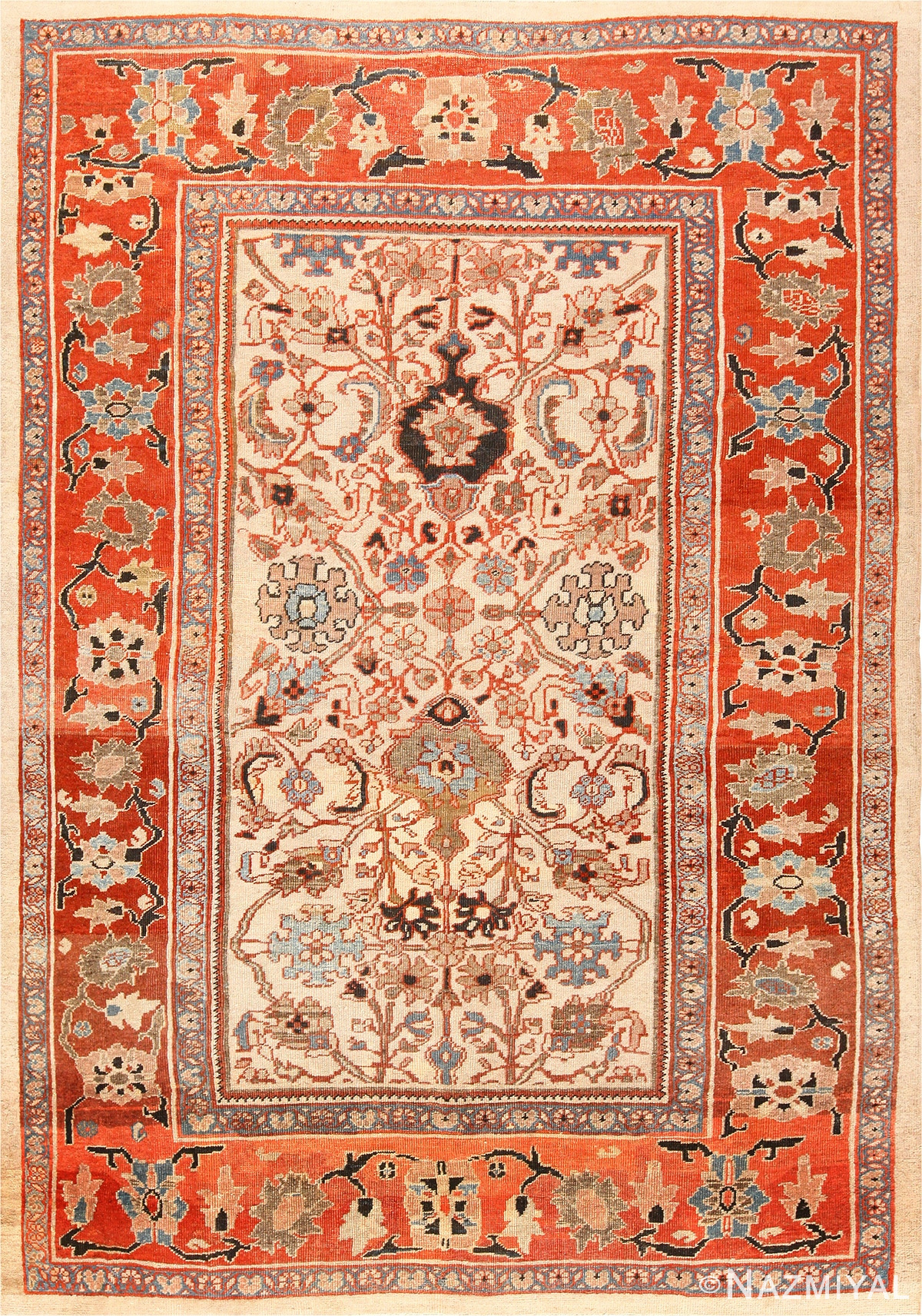 Ivory Antique Persian Sultanabad Rug 49138 Nazmiyal